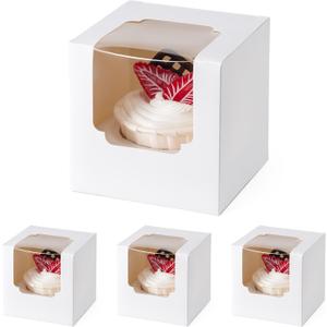 BOOMIBOO 100 Pack Individual Cupcake Containers, Cupcake Boxes with Window, Food Grade Cupcake Holders with Inserts, Stackable Deep Cupcake Carrier (White)