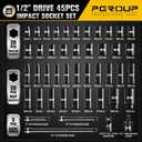 45PCS 1/2” Drive Metric Impact Socket Set, pgroup Deep & Shallow Socket Set with Extension Bars, Adapter and Universal Joint, Size 9-32mm, 6-Point Design, Chrome Vanadium Steel, Includes Storage Case