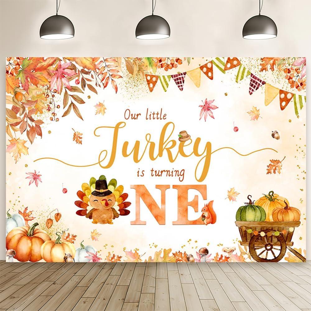 MEHOFOND 7x5ft Thanksgiving Birthday Backdrop, Our Little Turkey is Turning One Birthday Banner, Fall Pumpkin Maple 1st Party Decorations, Autumn Turkey First Birthday Party Decor Photo Props
