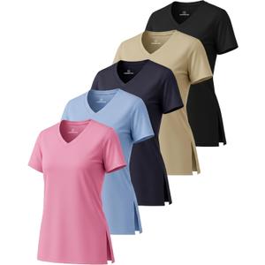 Real Essentials 5 Pack: Women's Short Sleeve Split Hem V-Neck T-Shirts, Athletic Tops, Gym, Workout, Yoga, Activewear (Plus) (3X)
