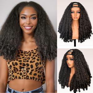 Afro Curly V Part Half Wig Synthetic U Part kinky straight Hair Texture with Unique Bouncy Curls End 24 Inch Natural Black Heat Friendly Afro Wigs for Black Women No Leave out Clip in