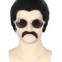 LeMarnia Men's Wigs Black Short Hair and Moustache Disco Wigs for Halloween Costume Wig