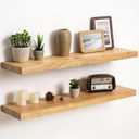 Fun Memories Solid Elm Wood Floating Shelves Set of 2-32 Inch Rustic Wall Shelves with Heavy-Duty Invisible Brackets - for Living Room, Kitchen, Bedroom, Bathroom - Natural Finish (Flat Edge, 32inch)