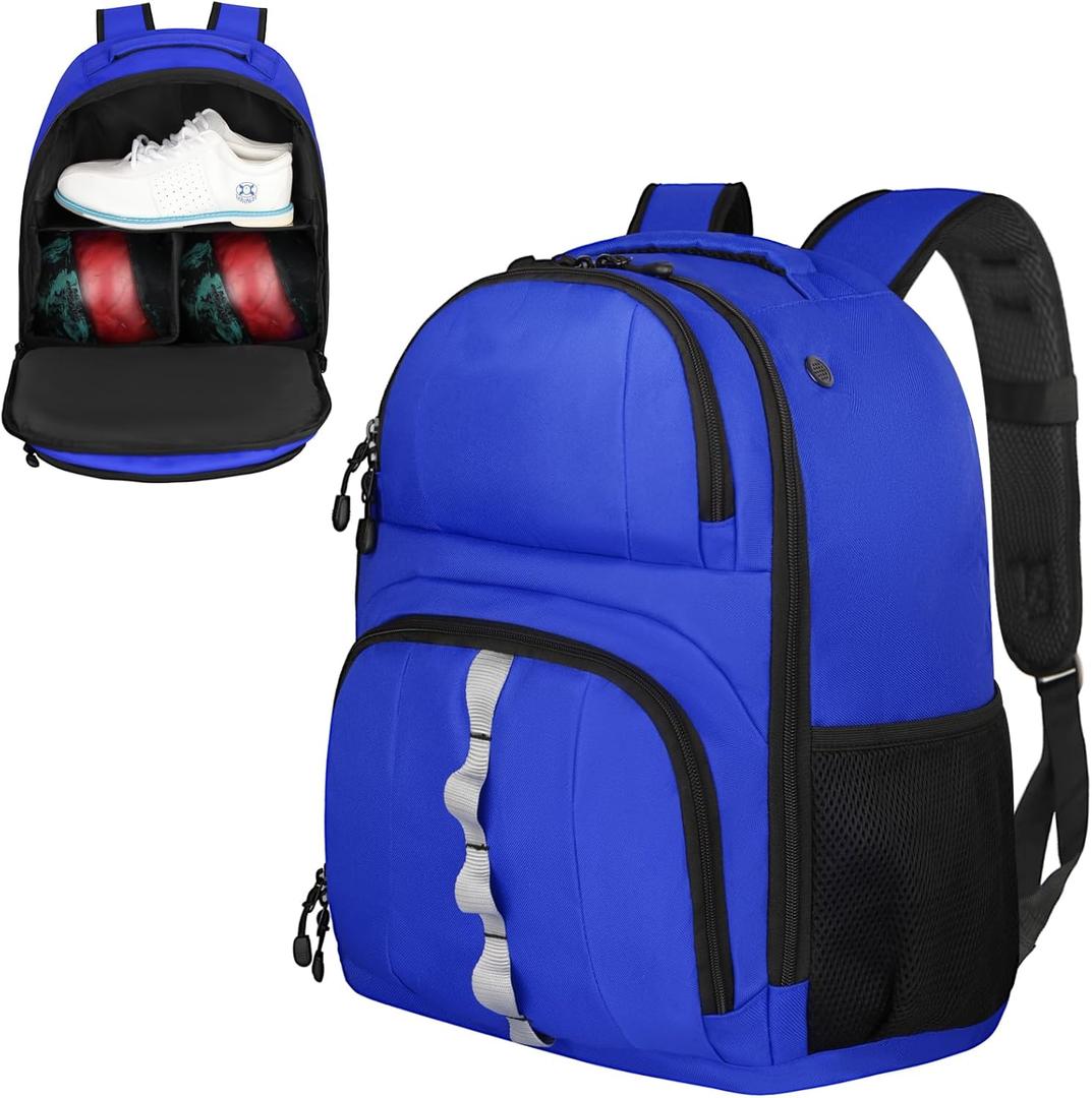 Goloni 2 Ball Bowling Backpack,Bowling Ball Bag with Shoe Compartment & Portective Foam Padded, Fits Shoes Up to US Size 16 (Blue)
