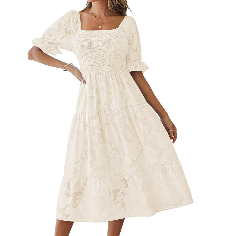MEROKEETY Womens 2025 Summer Short Puff Sleeve Smocked Square Neck Floral Textured Tiered Midi Dress, Beige, Medium