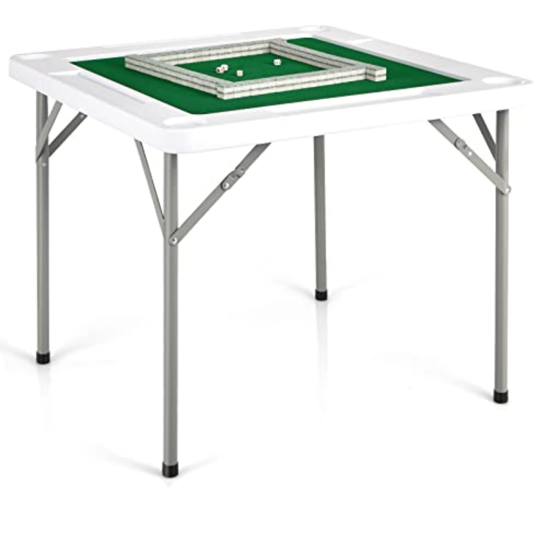 Goplus Classic Foldable Mahjong Table, 35' Square Green, 4 Cup Holders & 4 Chip Grooves, Foldable for Adults Domino Game, Camping
