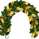 5 Feet Artificial Christmas Garland Fake Gold and Green Magnolia Leave Garland Hanging Xmas Dcor for Thanksgiving Christmas Table Mantel Door Decoration