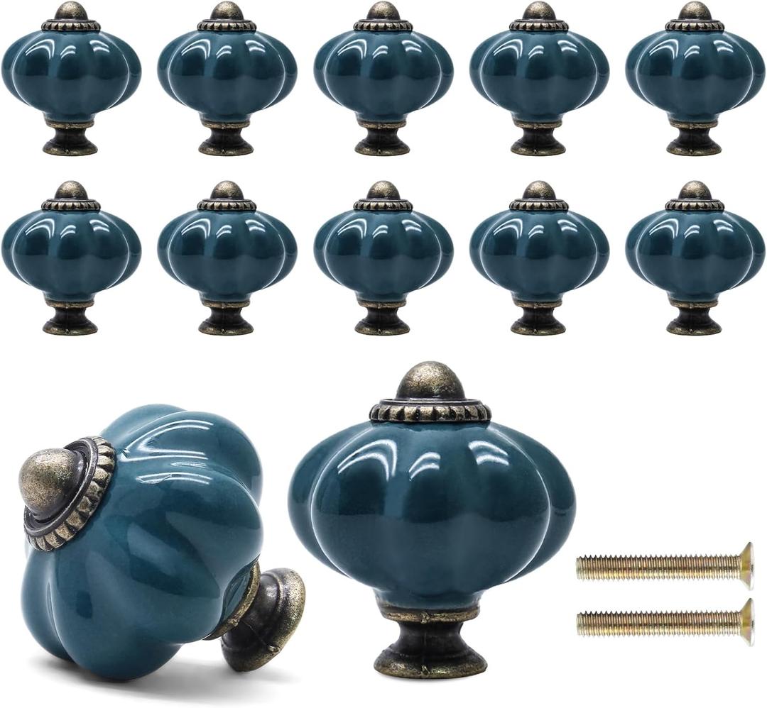 12 Pack Teal Pumpkin Knobs Ceramic Cabinet Knobs Retro Dresser Knob Vintage Drawer Pulls for Vanity, Closet
