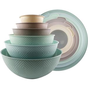 COOK WITH COLOR Mixing Bowls with Lids - 12 Piece Plastic Nesting Bowls Set includes 6 Prep Bowls and 6 Lids, Microwave Safe Mixing Bowl Set, Mint Rhombus