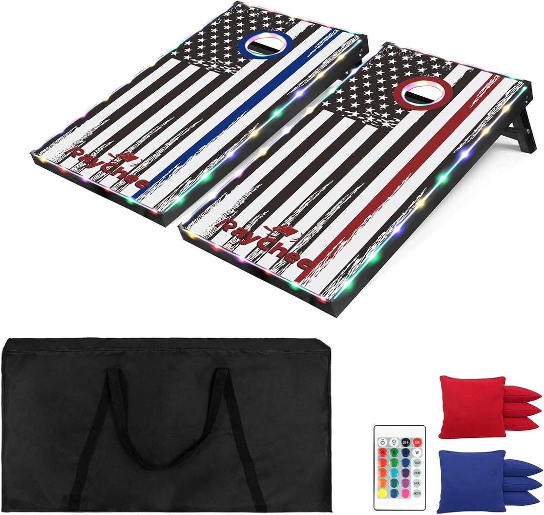 LED Cornhole Set, 3 x 2ft / 4 x2 ft Cornhole Board Game Set, Corn Hole Outdoor Game, Multi-Design with Light-Up Border, 8 Bean Bags, Carrying Case for Backyard, Beach, Lawn