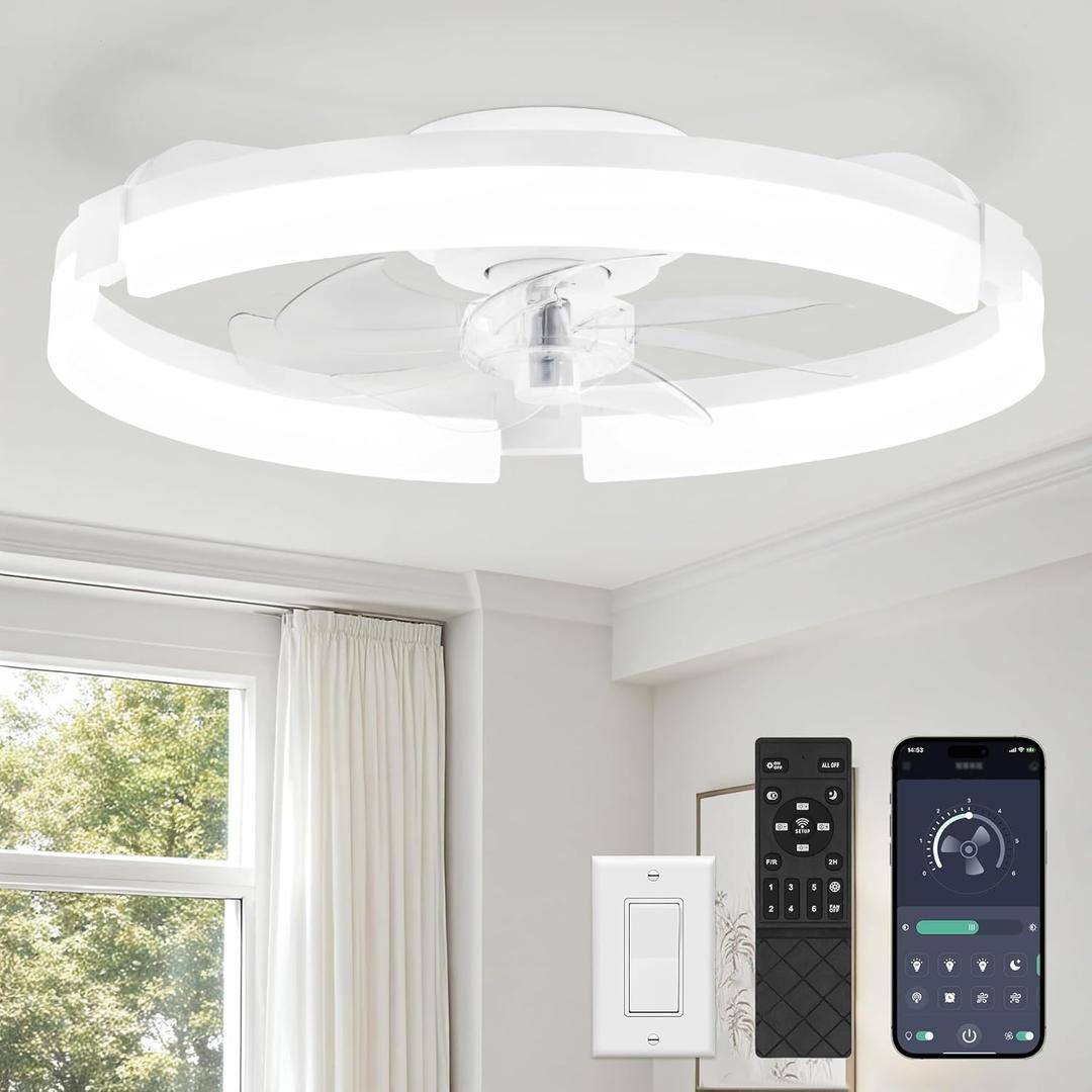 LEDIARY 20" Ceiling Fans with Lights and Remote, Modern Low Profile Ceiling Fan, 3 CCT, Stepless Dimmable, Fandelier Flush Mount Fan Light, 6 Speeds, DC Motor, App & Remote Control for Bedroom(White)