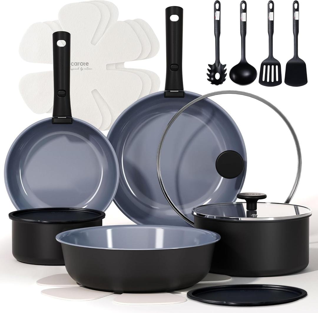 CAROTE 19 pcs Ceramic Cookware Set Nonstick, Pots and Pans Set Non Stick, Non Toxic Cookware Detachable Handles, Dishwasher/Oven Safe, RV/Camping Cookware, Pan and Pot with Kitchen Utensils, Dark Gray