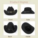 Western-Cowboy-Hats for Women Men - Classic Wide Brim Felt Fedora Unisex Upturn Bull Head Cowgirl Caps with Buckle Belt (Black)