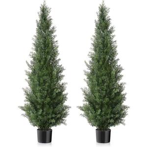 Set of 2 Pre-Potted 5 Feet Faux Cedar Tree, Lifelike UV Protected Front Door Decor, Porch, Garden, Entryway Topiary, Indoor/Outdoor Use - Ready to Display