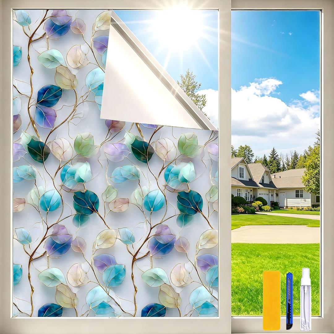 Rainbow One Way Window Privacy Film, UV Heat Blocking Stained Glass Window Tint Static Cling Non-Adhesive for Home Office 17.5" x 78.7"