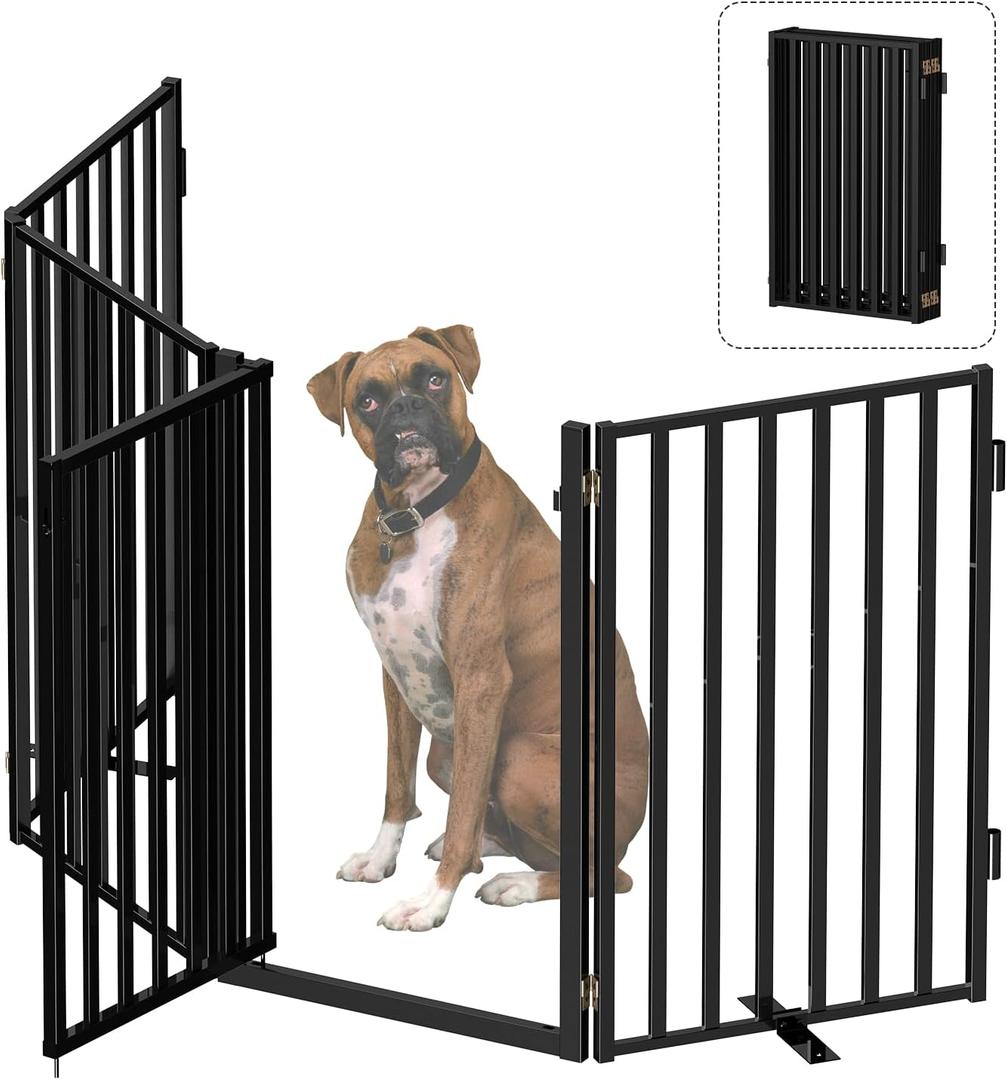 Free Standing Dog Gate with Door for Indoor Outdoor, Portable Dog Fence Foldable Design, Metal Black 32" Tall, Expandable 4 Panels Use for Front Door, Yard, Stairs