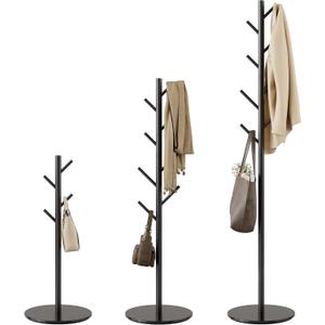 Coat Rack with 8 Hooks, 3 Adjustable Heights, Modern Hall Tree, Sturdy Metal Clothes Stand with Sintered Stone Base for Entryway, Office, Bedroom, for Coats, Hats, Handbags and Scarves, Black
