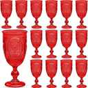 Wiwiqing 24 Pcs Plastic Goblets 7.5oz Vintage Goblet Plastic Wine Glasses Colored Retro Embossed Water Goblets for Wine Bar Juice Baby Shower Wedding Reception Grand Event Party (Red)