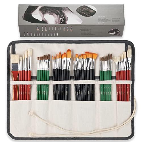 ARTIFY 33 Pieces Long Handle Paint Brushes, Expert Series, Hog Bristle, Horse Hair and Nylon Hairs Art Set Includes a Carrying Canvas Roll, for Acrylic, Oil, Watercolor and Gouache