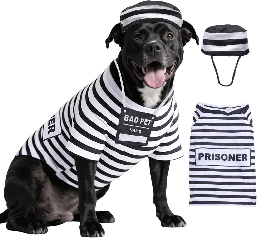 3pcs Dog Prisoner Clothes for Large Dogs Halloween Costumes Pet Puppy Prison Shirt with Dog Hat and Name Card for Party Birthday Cosplay AN004L