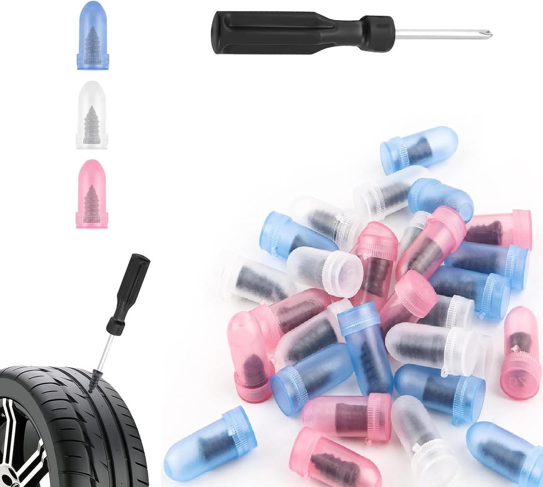 TSIEBRV 60PCS Screw in Tire Plugs Kit,Self-Service Tire Repair Rubber Nail Kit Includes 4-Size Tires Repair Screws & Screwdrivers,Universal Flat Tires Repaisr Kits for Cars,SUVs,Trucks