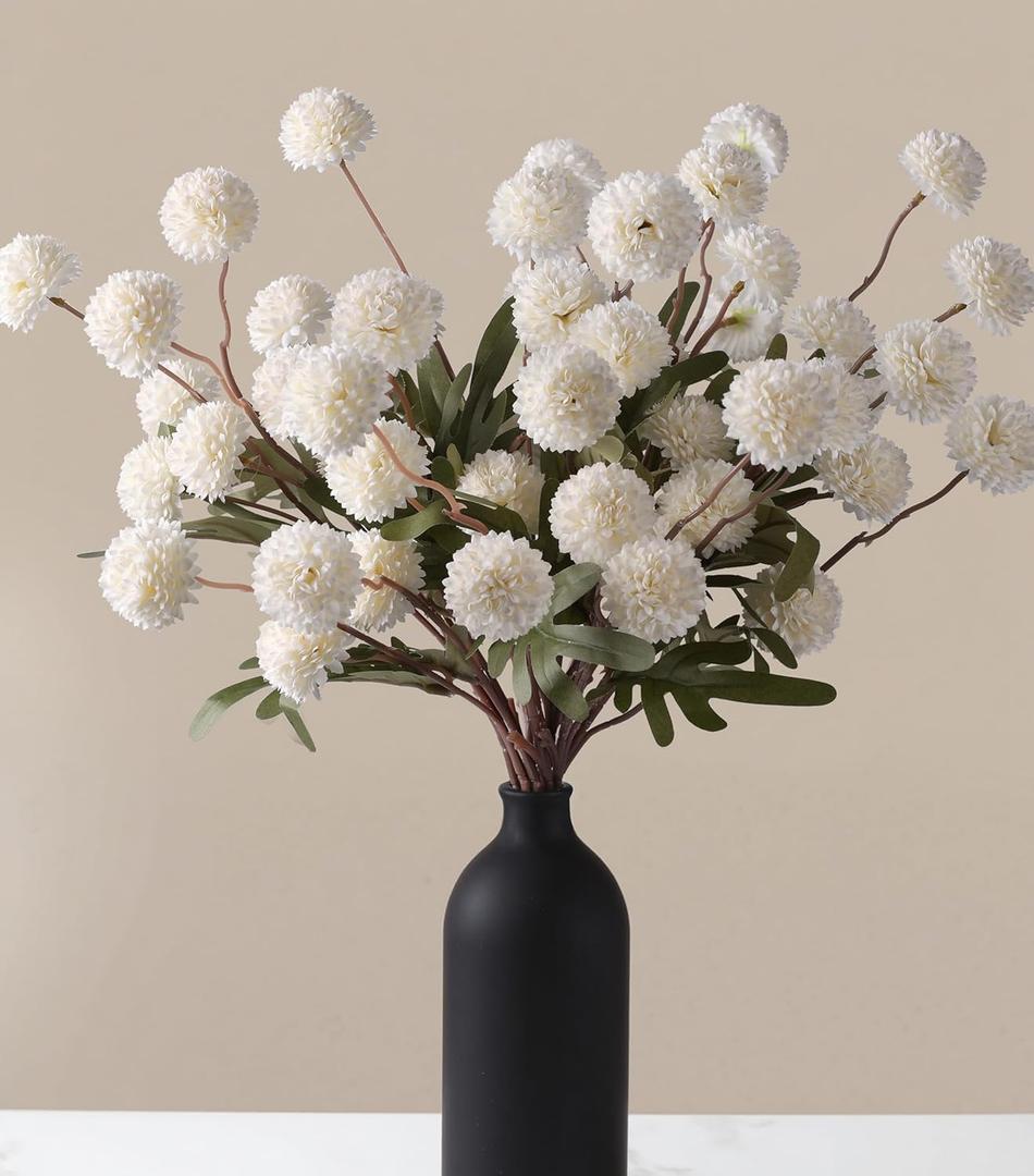 2 x HyeFlora Fake Kiku Flowers, Faux Silk Pompon Mums Artificial Flowers, Chrysanthemum Stems Floral Arrangement Dried Flowers Vintage Decorative Indoor Home Vase Decor White (Vase not Included)