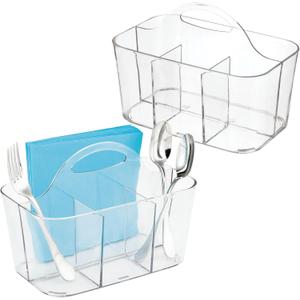 mDesign Plastic Cutlery Storage Organizer Caddy Bin Tote with Handle - Kitchen Cabinet Divided Pantry Basket for Forks, Knives, Spoons, Napkins, Indoor/Outdoor Use, Lumiere Collection, 2 Pack - Clear