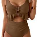 B2prity Womens One Piece Swimsuit Tummy Control Ruffled Bathing Suit V Neck Cutout Swim Suit Tie Back Swimwear, L
