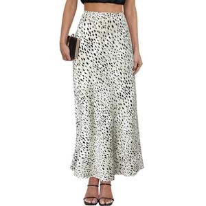 Women's Satin Maxi Skirt High Waisted Elastic Waistband Silk A-Line Casual Party Leopard Print Long Skirts for Women (Leopard White, Large)