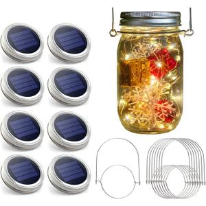 Urvoix Solar Mason Jar Lights - 8 Pack 30 LED Solar Fairy Lights Outdoor, Waterproof Mason Jar Lids Lights Solar Powered String Lights with Hangers(NO Jars) for Garden Patio Lantern Decor (Warm White)