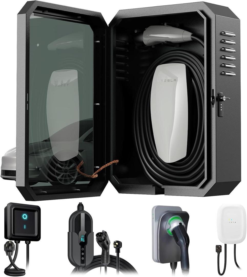 YONZEE Wall-Mounted EV Charger Protection Box  Weatherproof Charging Station Cover Case for Electric Vehicle Home Chargers, Compatible with Tesla, Standard Most EV Chargers (black)