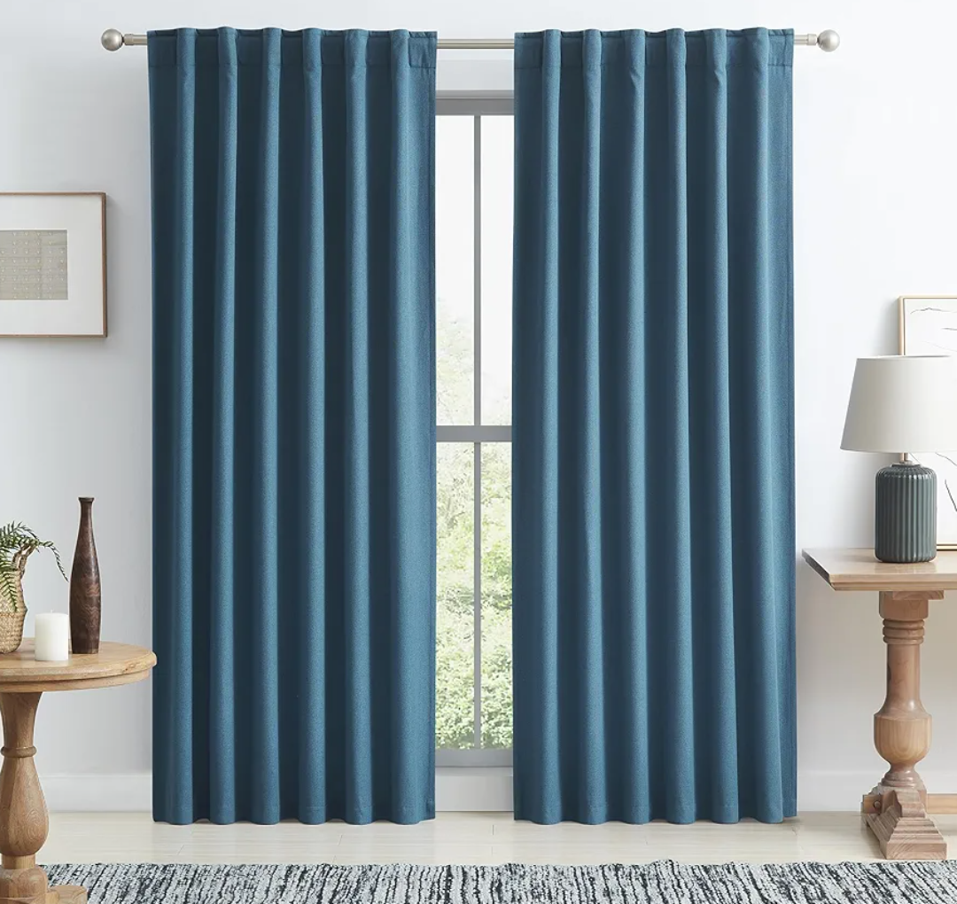 KEQIAOSUOCAI Denim Blue Blackout Curtains 84 Inches Long 2 Panels Set- Faux Linen Textured Black Out Thermal Insulated Noise Reduction Winodw Draper for Bedroom and Living Room 50x84-in