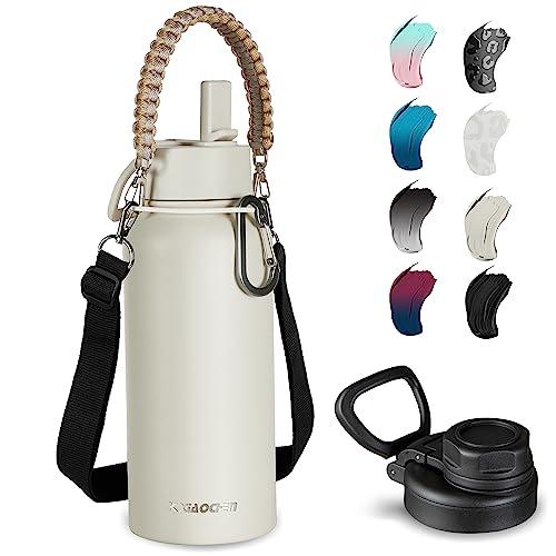 KXIAOCHEN 32 oz Insulated Water Bottle With Strap, Cold For 48 Hrs Leak Proof, Triple Wall Stainless Steel Sports Water Bottle With Straw And Spout Lid For Gym Hiking Travel