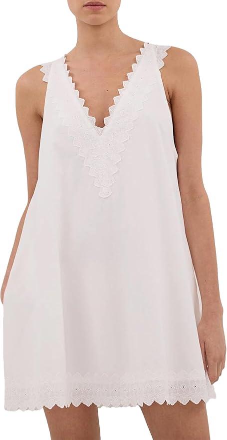 Women Lace Trim Mini Dresses Sleeveless V Neck Shift Beach Sundress | Flowy Babydoll Tank Mini Dresses, Eyelet Lace Trims Shoulder Straps and Hem, Full Soft Lining, Pocket, Summer Boho Vacation Medium 