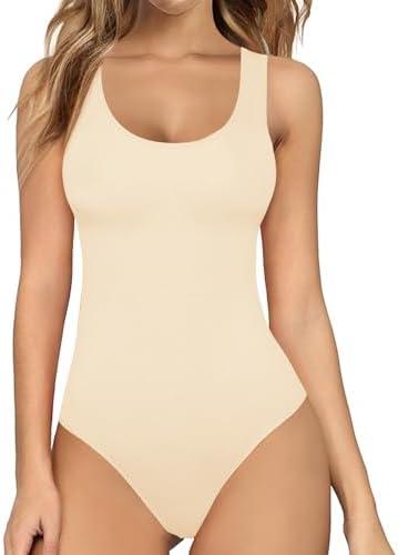 MANGOPOP Women's Tank Top Bodysuit Scoop Neck Sleeveless Body suit Sexy Backless Ribbed Tops Size L