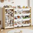 EXPERLAM Kids Toy Storage Organizer, 2-in-1 Stuffed Animal Storage & Toy Organizer w/12 Bins, Solid Wood Toy Rack Featuring Thicker Elastic Ropes to Hold Toys, Playroom Nursery Bedroom Storage, White, 47.2" L × 11" W × 31.5" H