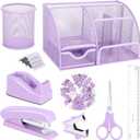 Purple Mesh Desk Organizer and Accessories, Purple Office Supplies 7 Compartments Desk Organizer with Stapler, Tape Dispenser, 1000 Staples, Pen Holder, Staple Remover, Clips, Ruler, Scissors