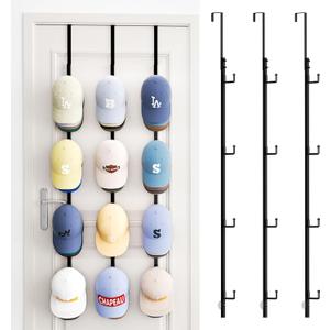 SWTYMIKI Over Door Hat Rack - 3 Packs Metal Hanging Hat Organizer with 12 Hooks Design, Baseball Cap Hanger Organizer Storage Holds up to 60 Caps for Door, Bedroom, Closet (black)