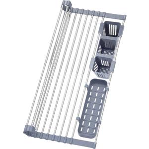 BBXTYLY Expandable Roll Up Dish Drying Rack Up to 22.8''with 2 Storage Baskets,Over The Sink Kitchen Rolling up Dish Drainer Drying Rack, Foldable,Rollable,for Kitchen Dishes(Expandable Width Size) (Gray)