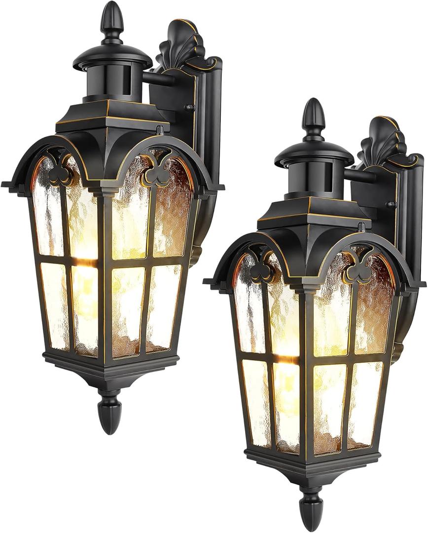 DEWENWILS Motion Sensor Outdoor Wall Lights, 2-Pack Dusk to Dawn Exterior Lantern Fixture, Roman Vintage Wall Mount Waterproof Porch Light, Water Ripple Glass, for Front Door Garage Patio