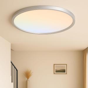MOONSEA Flush Mount LED Ceiling Light Fixture Brushed Nickel 24 Inch, 50W Dimmable 3000K-4000K-6500K 3 Color Selectable Ceiling Lamp 5000LM Low Profile Ceiling Light for Kitchen Bedroom Hallway