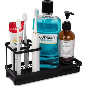 Toothbrush Holders for Bathrooms, Carbon Steel Tooth Brushing Holder Electric Toothbrush and Toothpaste Organizer Bathroom Accessories for Countertop, Shower, Sink - Matte Black (Small)