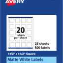 Avery Matte White Square Labels, Sure Feed Technology, 1.5" x 1.5", 500 Matte White Printable Labels