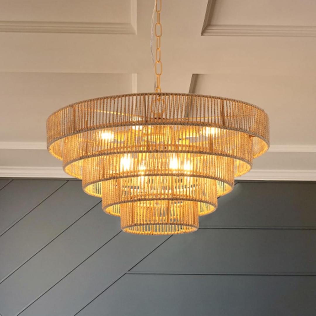 Boho Hand-Woven Rattan Chandelier 5-Tier Minimalist Large Pendant Light Farmhouse 8-Lights Round Hanging Ceiling Light Fixture for Kitchen Island Dinning Room Living Room, Dia23.6