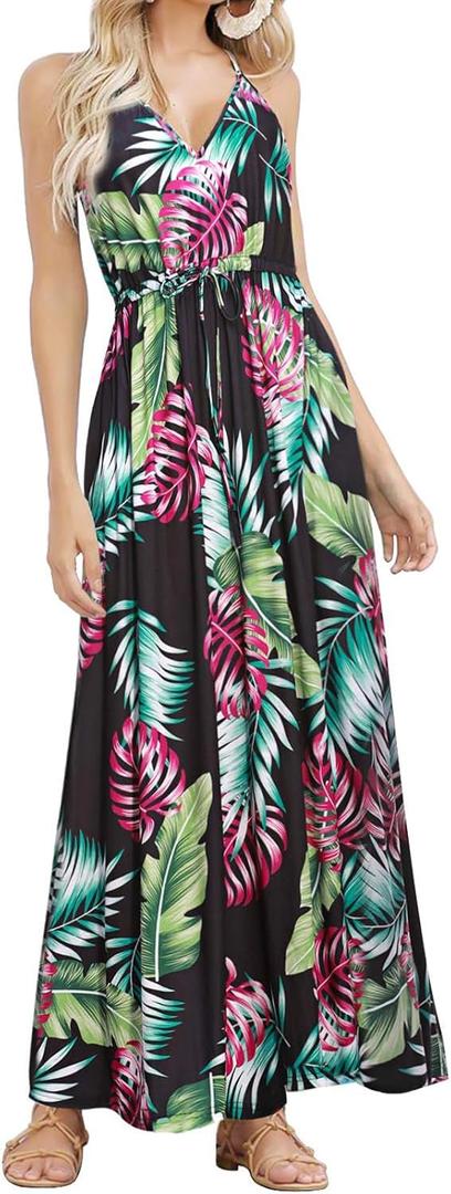 HUSKARY Womens Summer Sleeveless V Neck Spaghetti Strap Pockets Beach Boho Vacation Casual Spring Maxi Dress (Large, Black)
