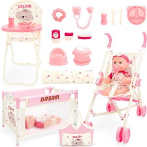 deAO Baby Doll Stroller Toys with 12" Baby Doll Accessories Crib Bed High Chair Nursery Role Play Set Play Mat,Travel Cot,Bouncer,Foldable Stroller,Travel Bag, Birthday Gifts for Toddlers Girls Boys