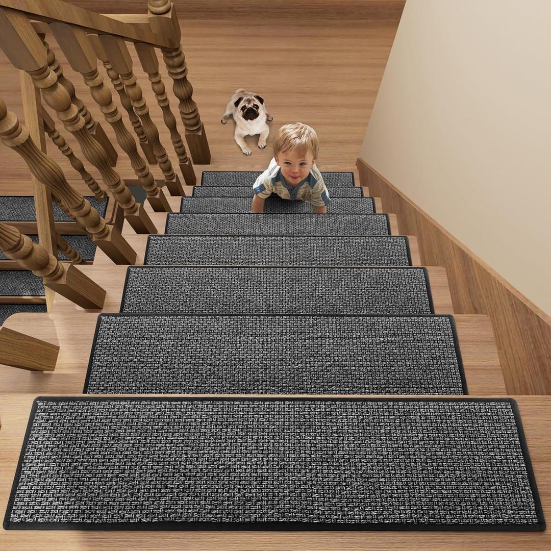 Stair Treads Carpet 4 pcs for Wooden Steps with Non Slip Rubber Backing, 100% Polyester Soft Stairs Resistant Indoor Skid Runner Safety Rugs for Kids Elders and Pets 30" * 8" (Dark Gray)