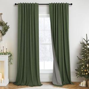 Christmas Green Blackout Curtains for Bedroom Linen Light Pale Olive Green Room Darkening Window Drape Black Out Dark Curtains for Ceiling Door Living Mid Century Modern Decor 108 Inches Long 2 Panels