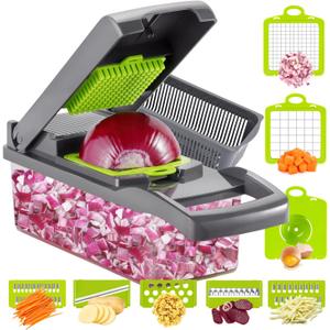 Ourokhome Vegetable Chopper Onion Cutter, 12 in 1 Professional Mandoline Slicer for Kitchen, Multifunctional Food Chopper for Potato, Tomato, Veggie with Strainer Basket, 8 Blades, Gray (Gery)