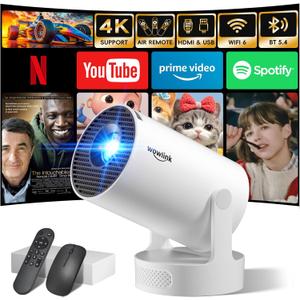 [Built-in Apps & 2025 Upgraded] Mini Projector with WiFi 6 and Bluetooth 5.4 Support 4K 1080P Auto Keystone 180 Rotatable Projector Portable Compatibile with HDMI/TV Stick/Memory Stick/Laptop, White